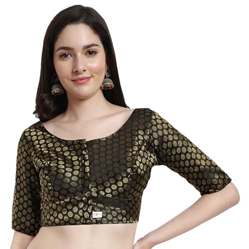 JISB Women's Brocade Round Neck Elbow Sleeve Blouse (36, Black) - Image 1