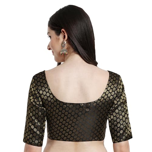 JISB Women's Brocade Round Neck Elbow Sleeve Blouse (36, Black) - Image 3