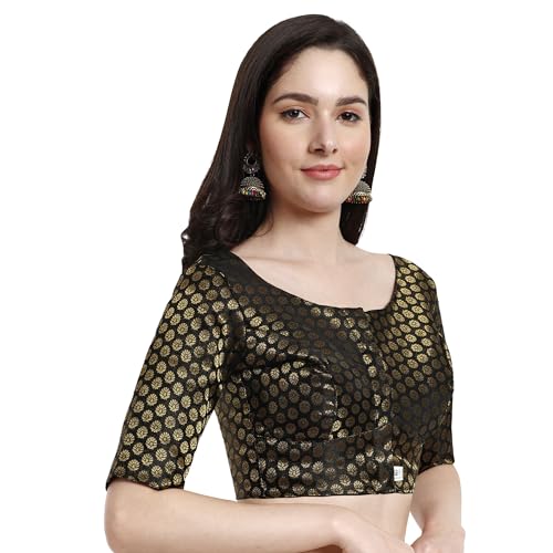 JISB Women's Brocade Round Neck Elbow Sleeve Blouse (36, Black) - Image 2