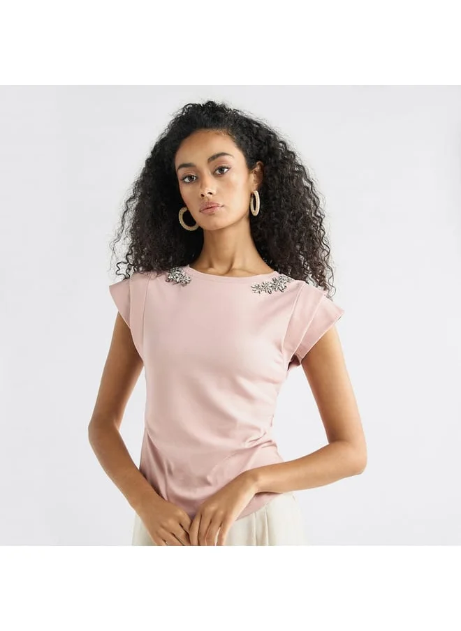 FAV Embellished T-shirt with Round Neck and Cap Sleeves