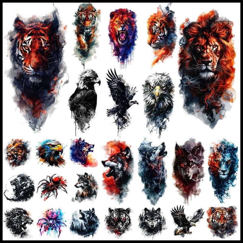 25 Beast Temporary Tattoos for Men Adult 12 Sheets Sleeve Arm Watercolor Lion Wolf Fake Tattoo13 Sheet Tiger Eagle Tattoos For Men