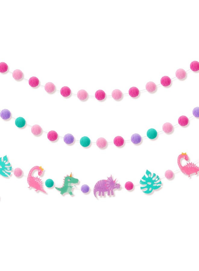 Kingdder زينة حفلة كينغدر 3 قطع لافتة ديناصور وردية للبنات، غارلاند عيد ميلاد بوم بوم وردي، لافتة كرات شعيرية، زينة موضوع الديناصور، زينة معلقة لعطلة، لوازم حفلة لحمام الطفل، ديكور حضانة، دعامة صور للحفلة - Image 1