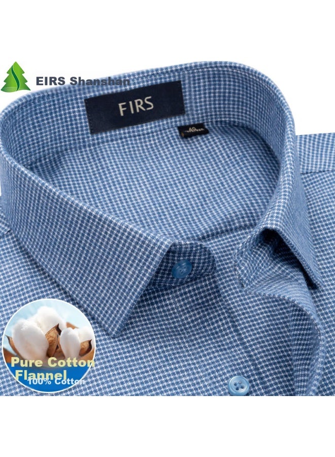 Firs Men's Long Sleeve Flannel Shirt With Pure Cotton Grey Blue Plaid New Casual Business All Cotton Shirt 44 - Image 1