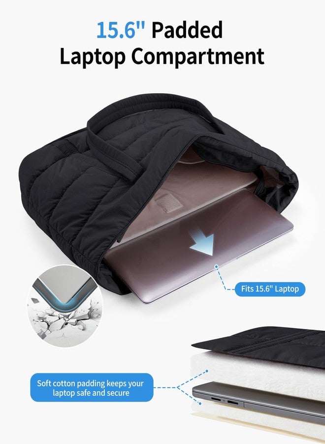 Narwey Puffer Tote Bag with Cup Holder & Laptop Compartments, Quilted Puffy Travel Work Tote Bags for Women Nurse Teacher, Black, One Size - Image 4