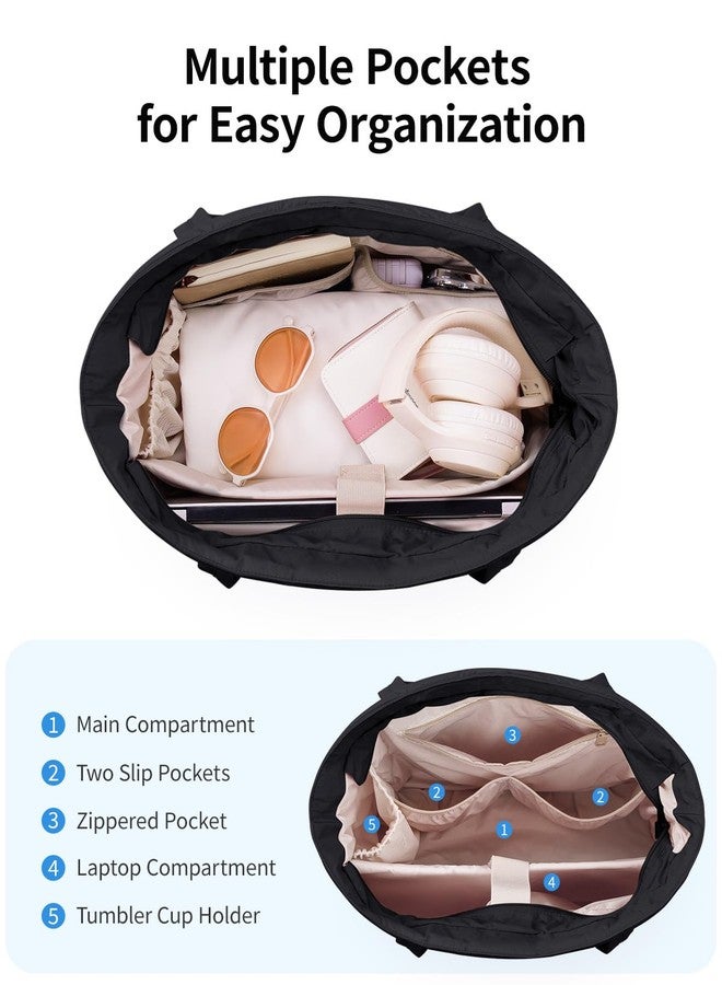 Narwey Puffer Tote Bag with Cup Holder & Laptop Compartments, Quilted Puffy Travel Work Tote Bags for Women Nurse Teacher, Black, One Size - Image 5