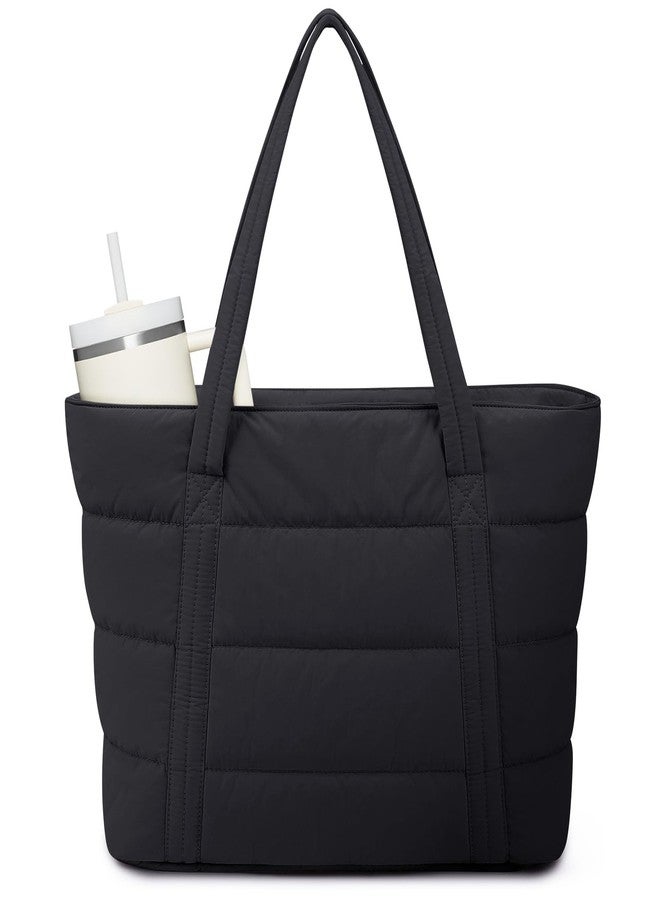 Narwey Puffer Tote Bag with Cup Holder & Laptop Compartments, Quilted Puffy Travel Work Tote Bags for Women Nurse Teacher, Black, One Size - Image 1