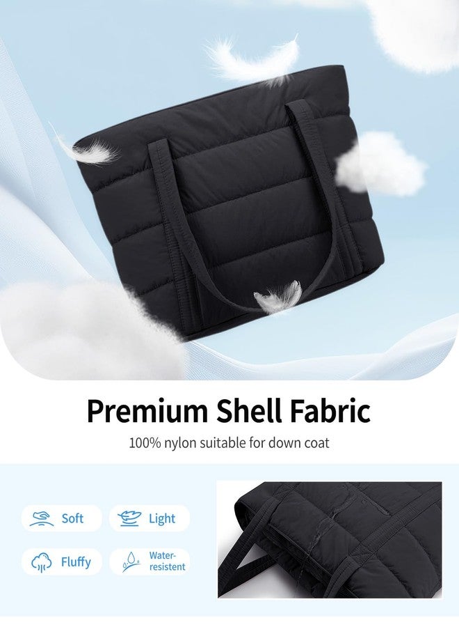 Narwey Puffer Tote Bag with Cup Holder & Laptop Compartments, Quilted Puffy Travel Work Tote Bags for Women Nurse Teacher, Black, One Size - Image 2