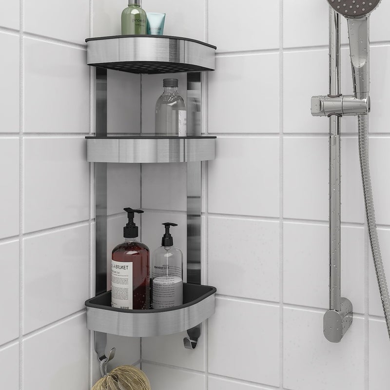 BS Case Ikeaa BROGRUND Corner Wall Shelf Unit Stainless Steel 19W x 58L cm 3 Shelves Draining Hooks - Image 2