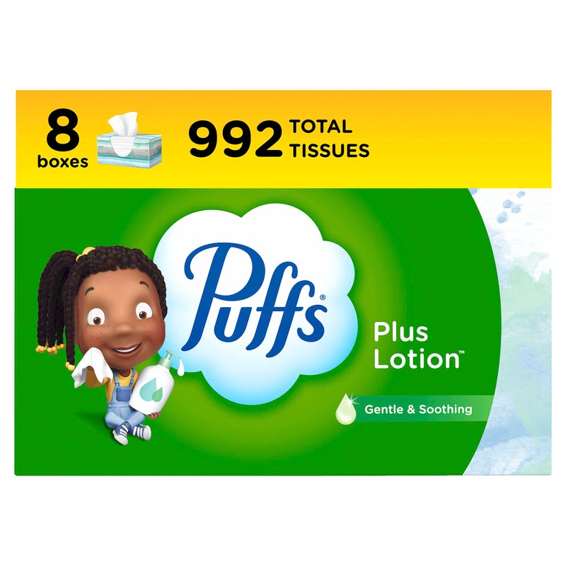 Puffs Plus Lotion Facial Tissues, 8 Family Boxes, 124 Facial Tissues per Box, Allergies and Colds - Image 1
