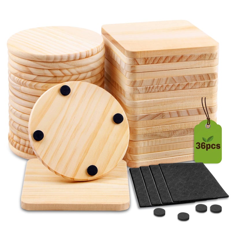 36 Pcs Unfinished Wood Coasters for CraftsCymuber 4 Inch Blank Wooden CoastersBlank Coaster with Non Slip Pad for DIY Stained Painting Wood Engraving Wedding Halloween Christmas Home Decoration