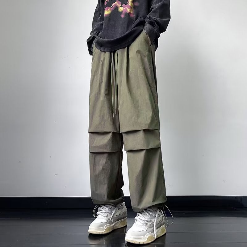 Side Zipper Parachute Pants Autumn Ruffle Handsome Loose Straight Trousers Trendy All-Match Trendy Overalls Loose - Image 1