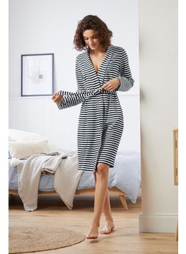 Tchibo Women Notched Collar Long Sleeves Stripe Robe, Black  - Image 1
