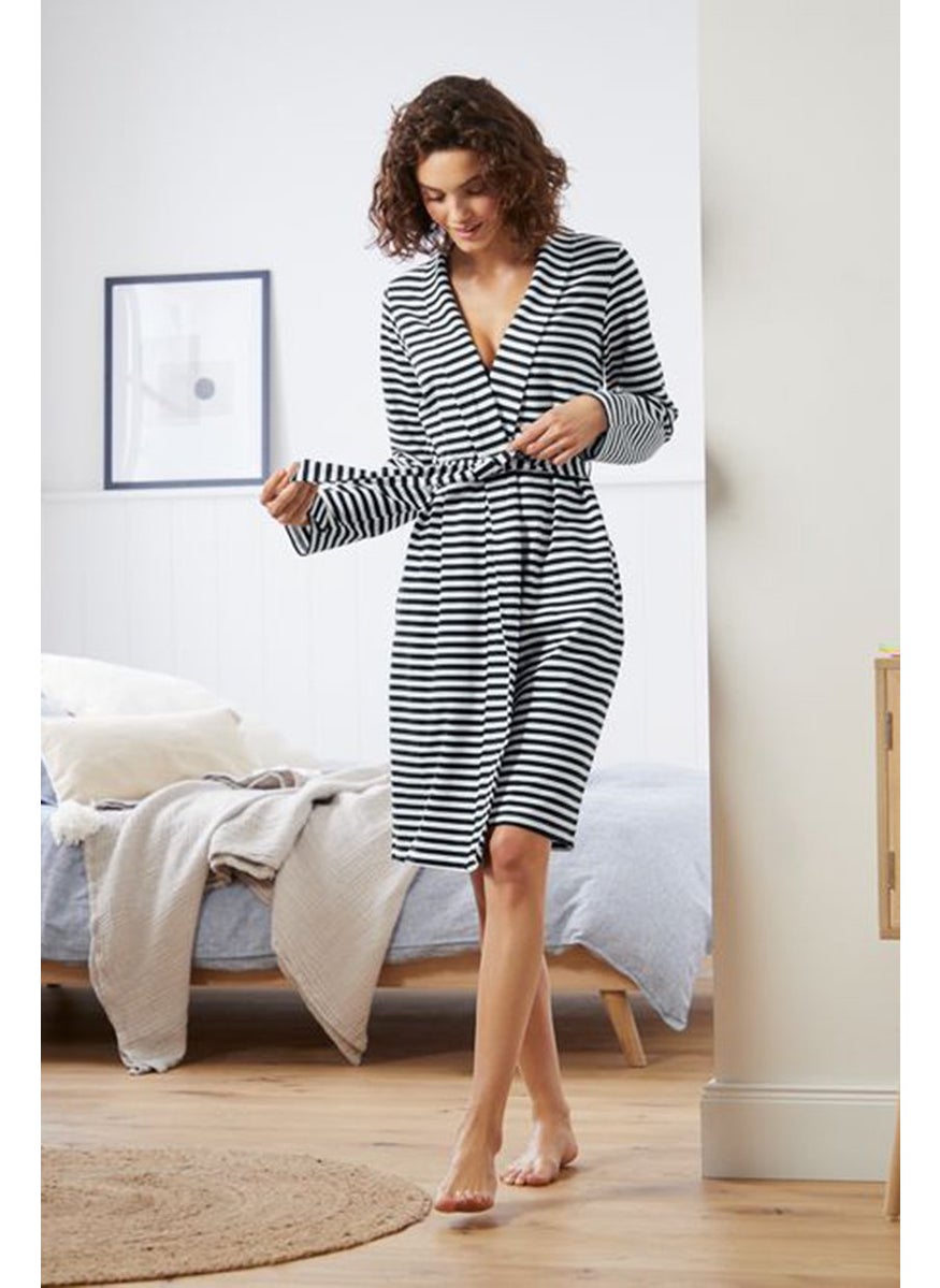Tchibo Women Notched Collar Long Sleeves Stripe Robe, Black  - Image 1