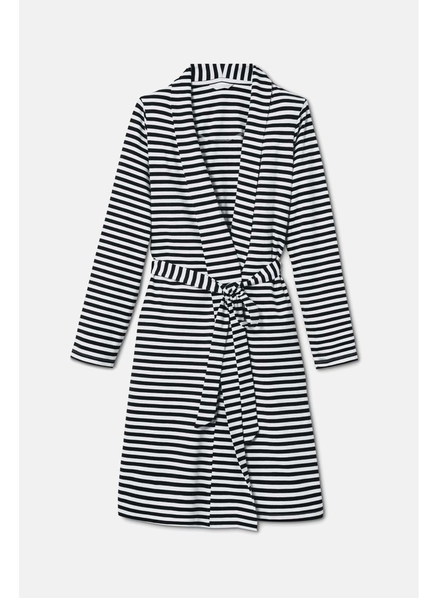 Tchibo Women Notched Collar Long Sleeves Stripe Robe, Black  - Image 2