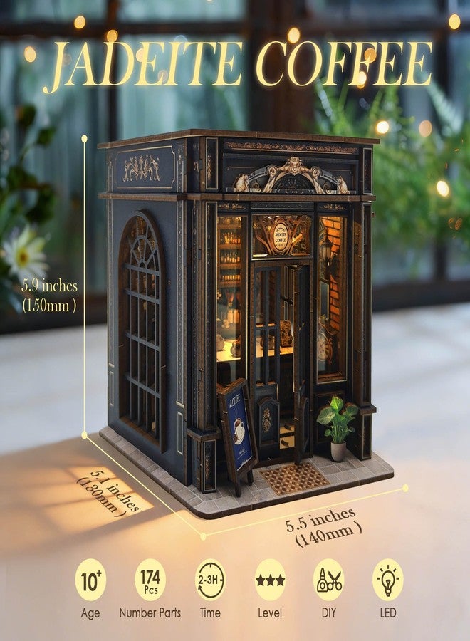 Lynnuo Book Nook Kit DIY Miniature House Kit for Adults,3D Wooden Puzzle Bookends Bookshelf Diorama Dollhouse,Gifts for Teens and Beginners,Gifts for Family,Friends,Book Lovers(Jadeite Coffee) - Image 3