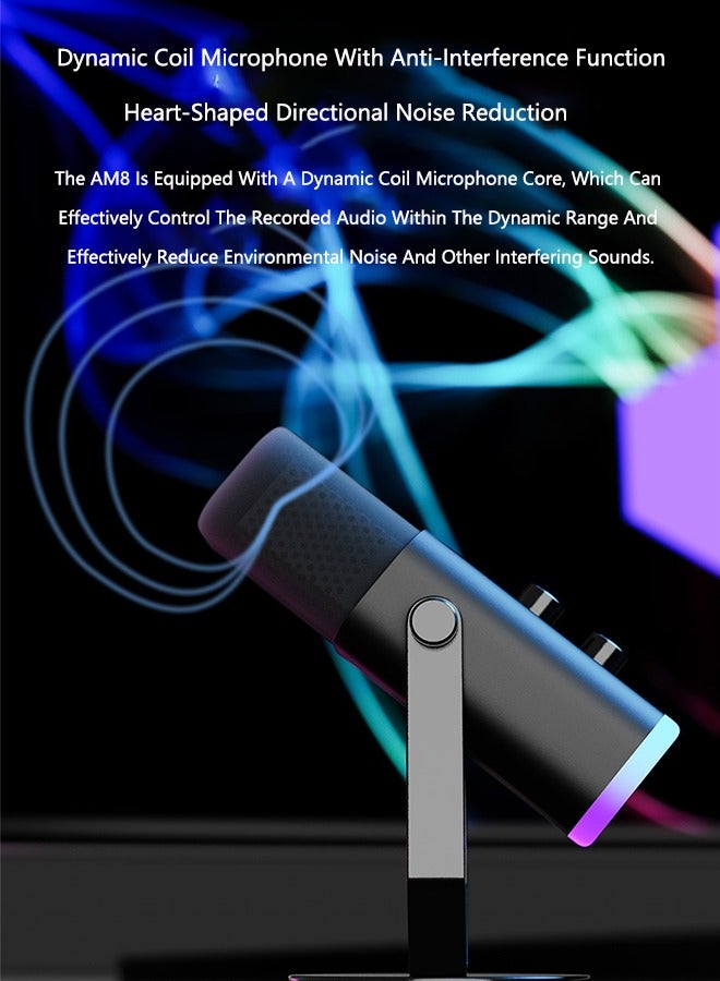 صحراء الواحة XLR/USB ميكروفون ديناميكي لتسجيل بودكاست، كمبيوتر كمبيوتر الألعاب تدفق الميكروفون مع RGB ضوء، زر كتم، سماعات الرأس جاك، حامل سطح المكتب، ميكروفون صوتي لغناء YouTube-AmpliGame AM8. - Image 4