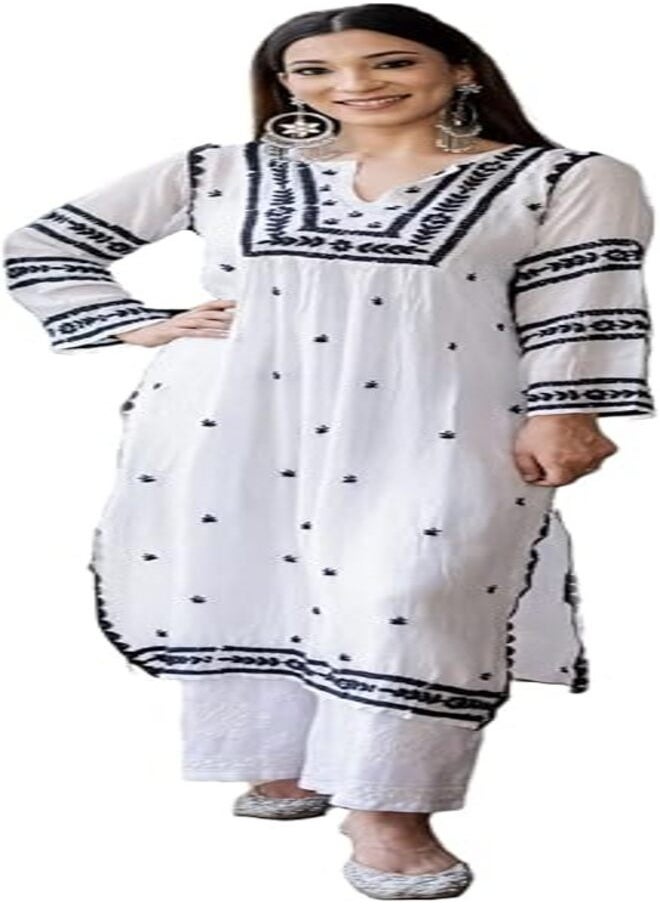 آني ديزاينر كورتا مستقيمة مطرزة من ANNI DESIGNER للنساء من مزيج القطن (Stho-White-Nw_XXL_White_XX-Large) 