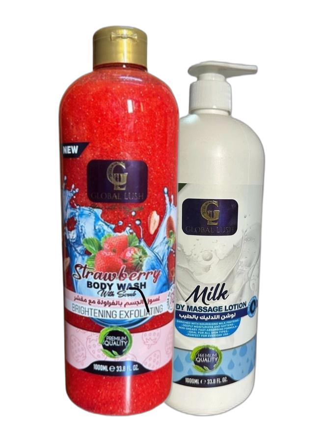 Global Lush غسول الجسم بالفراولة مع مقشر – 1000 مل | تركيبة تقشير وترطيب و لوشن تدليك الجسم بالحليب 1000 مل – لوشن مغذي ومرطب للبشرة الناعمة والملساء، غني ببروتينات الحليب ومرطبات أساسية - Image 1