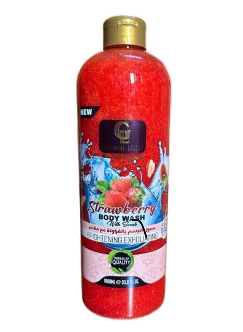Global Lush غسول الجسم بالفراولة مع مقشر – 1000 مل | تركيبة تقشير وترطيب و لوشن تدليك الجسم بالحليب 1000 مل – لوشن مغذي ومرطب للبشرة الناعمة والملساء، غني ببروتينات الحليب ومرطبات أساسية - Image 2