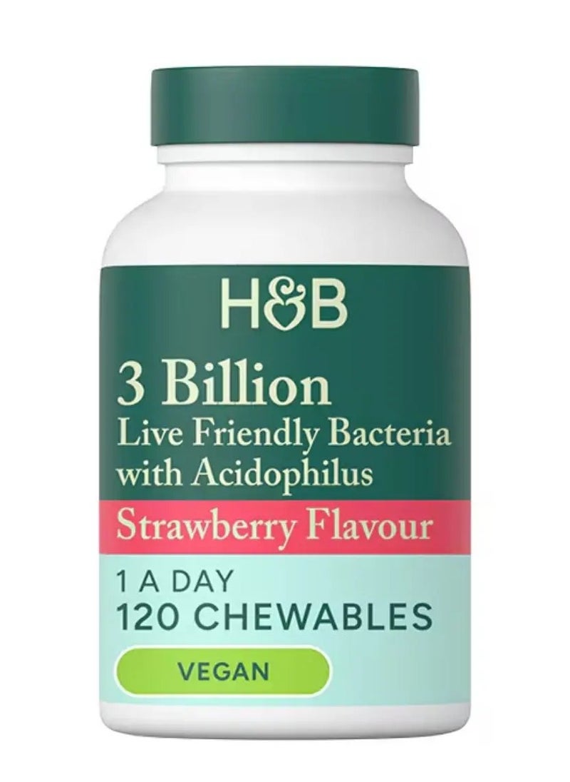 H&B H&B 3 Billion Bacteria Probiotic Supplement With Acidophilus, Strawberry Chewable Tablets, Pack of 120's 