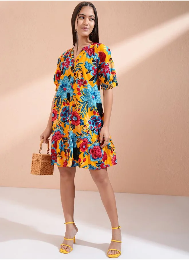 فيشود Vishudh Women Floral Print Puff Sleeves Cotton A-Line Mini Dress