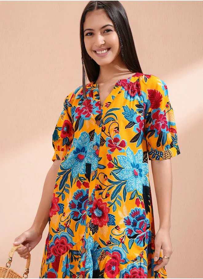 فيشود Vishudh Women Floral Print Puff Sleeves Cotton A-Line Mini Dress