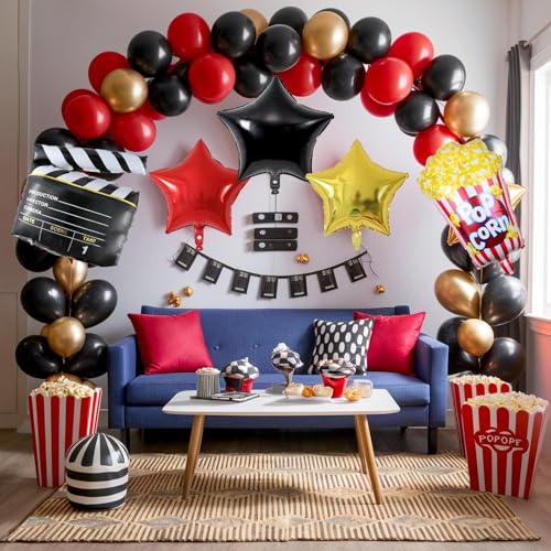Sowide Movie Night Balloon Garland Arch Kit, Red Black Gold Balloons with Camera Star Foil Popcorn Flim Clapperboard Balloons for Birthdays Anniversaries Movie Theater Film Party Decorations - Image 5