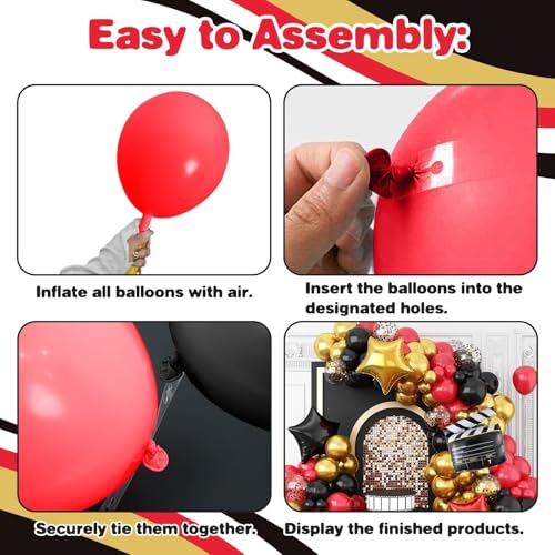 Sowide Movie Night Balloon Garland Arch Kit, Red Black Gold Balloons with Camera Star Foil Popcorn Flim Clapperboard Balloons for Birthdays Anniversaries Movie Theater Film Party Decorations - Image 3