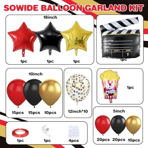 Sowide Movie Night Balloon Garland Arch Kit, Red Black Gold Balloons with Camera Star Foil Popcorn Flim Clapperboard Balloons for Birthdays Anniversaries Movie Theater Film Party Decorations - Image 2