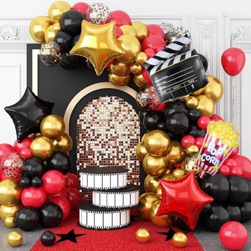 Sowide Movie Night Balloon Garland Arch Kit, Red Black Gold Balloons with Camera Star Foil Popcorn Flim Clapperboard Balloons for Birthdays Anniversaries Movie Theater Film Party Decorations - Image 1