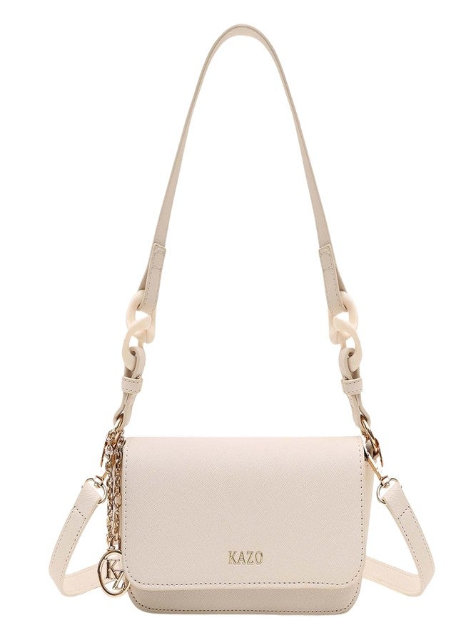 Kazo Belle Shoulder Bag | Compact Style Handbag with Sleek Flap | Chain Detail & Textured Finish | Off White Color - Image 1