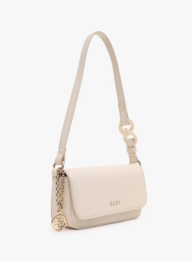 Kazo Belle Shoulder Bag | Compact Style Handbag with Sleek Flap | Chain Detail & Textured Finish | Off White Color - Image 3