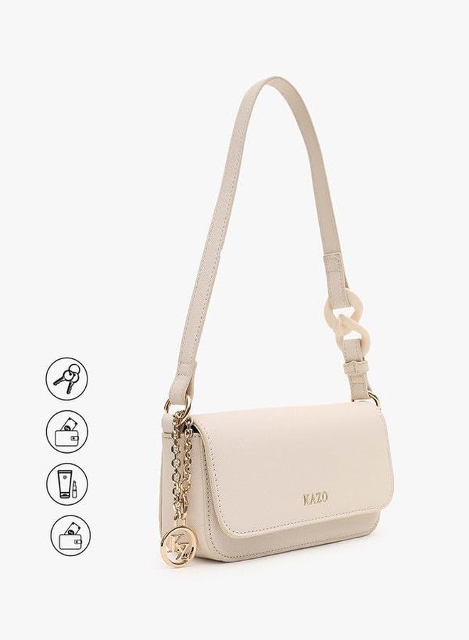 Kazo Belle Shoulder Bag | Compact Style Handbag with Sleek Flap | Chain Detail & Textured Finish | Off White Color - Image 5