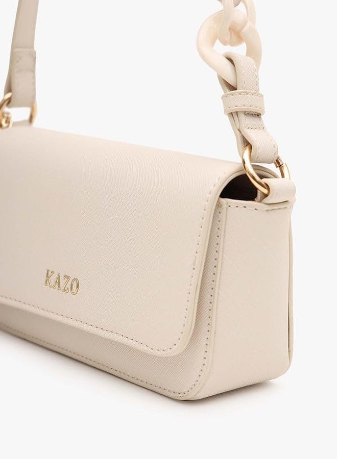 Kazo Belle Shoulder Bag | Compact Style Handbag with Sleek Flap | Chain Detail & Textured Finish | Off White Color - Image 2