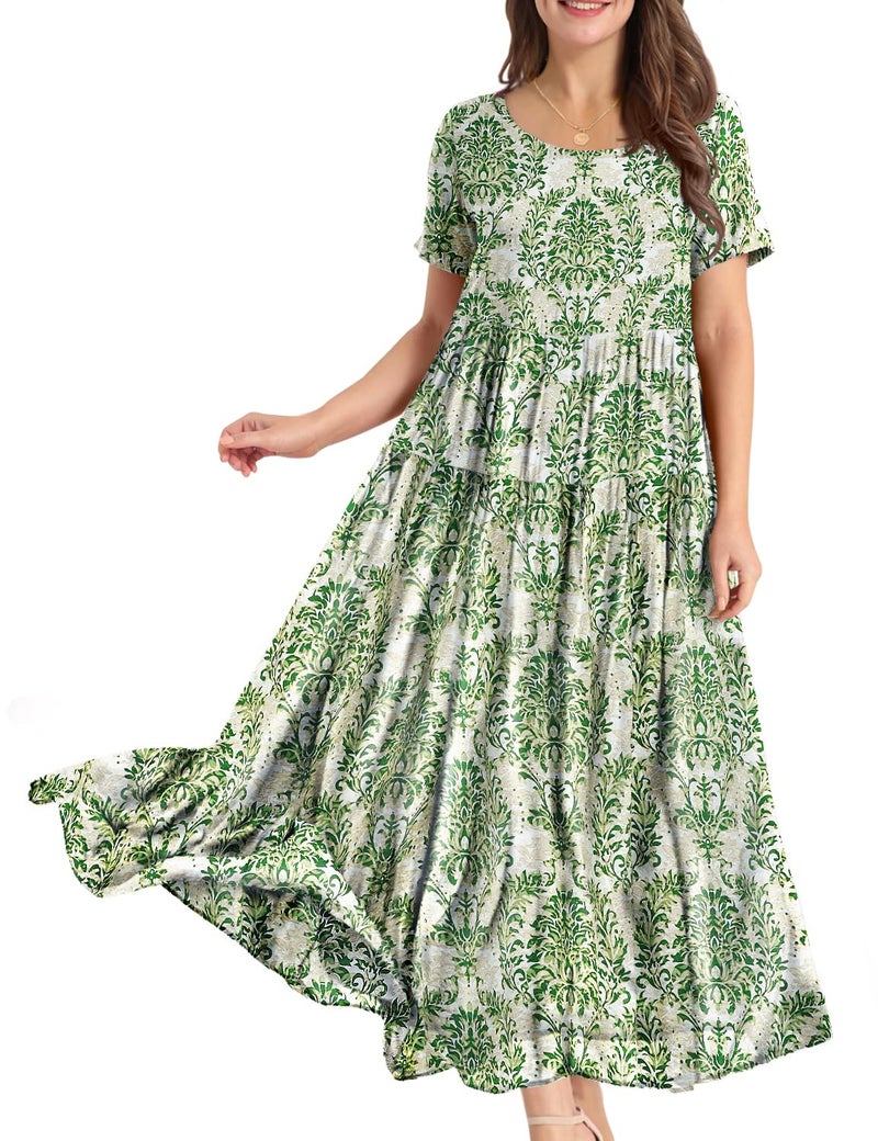 YESNO Women Casual Loose Bohemian Floral Dress with Pockets Short Sleeve Long Maxi Summer Beach Swing Dress 2XL EJF CR425 - Image 1