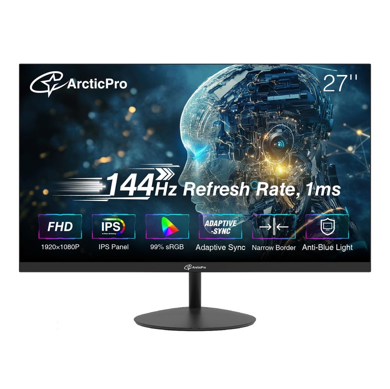 ArcticPro 27inch Computer Monitor, FHD 1080p, 144Hz Office and Gaming Monitor, IPS, Adaptive Sync, 110% sRGB, 1ms, 3-Sided Frameless, Ultra Slim, VESA Mountable, Anti-Blue Light Design, HDMI, DP - Image 1