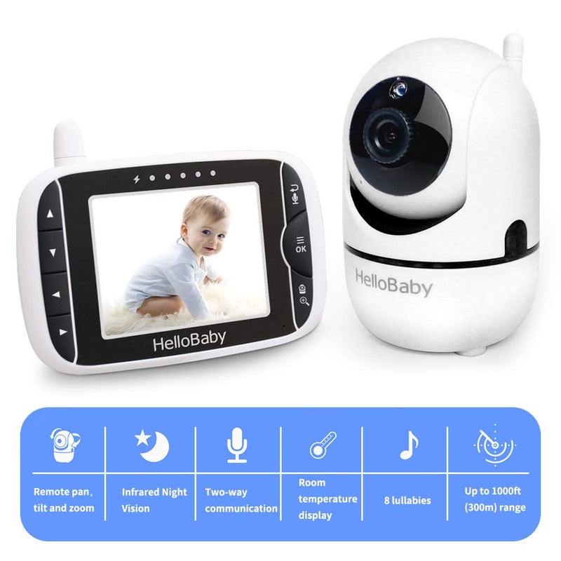 هالو بيبي HelloBaby Video Baby Monitor with Remote Camera Pan-Tilt-Zoom, 3.2'' Color LCD Screen, Infrared Night Vision, Temperature Display, Lullaby, Two Way Audio - Image 2