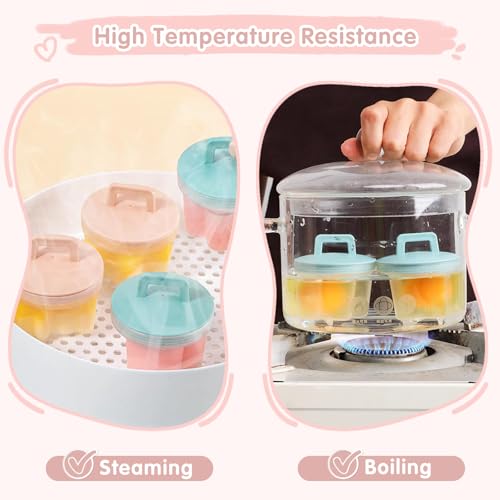 Teeloray Egg Poacher Cups, 4 Pcs Poached Egg Cooker with Lid and Oil Brush Egg Coddler 4 Shapes Reusable Egg Molds, BPA Free Nonstick Egg Poaching Cups for Boiled Eggs Without Shell, Blue - Image 4