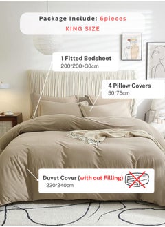 LUNA Home Washable Cotton 6 Pieces King Size Duvet Cover Plain Design, Plain Beige Color  - Image 2