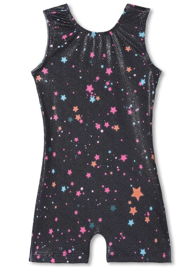 TENVDA Girls Gymnastics Leotards for Girls 7 8 Years Old Black Sparkly Stars Print Professional Sleeveless Biketard - Image 1