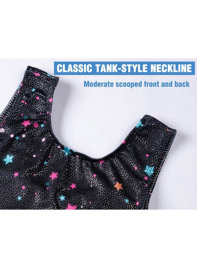 TENVDA Girls Gymnastics Leotards for Girls 7 8 Years Old Black Sparkly Stars Print Professional Sleeveless Biketard - Image 3