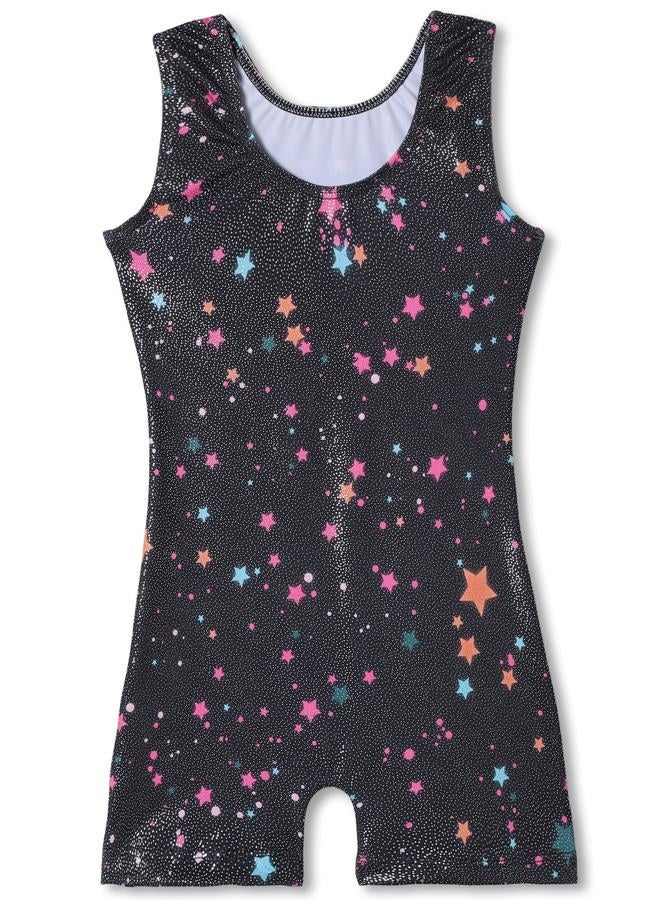 TENVDA Girls Gymnastics Leotards for Girls 7 8 Years Old Black Sparkly Stars Print Professional Sleeveless Biketard - Image 2