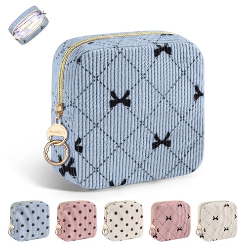 Playexen Period Bag for Teen Girls, Corduroy Cute Sanitary Napkin Storage Bag, Menstrual Pad Tampon Holder for Purse (Blue-Bow Tie) - Image 1