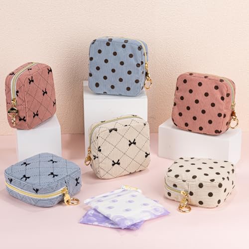 Playexen Period Bag for Teen Girls, Corduroy Cute Sanitary Napkin Storage Bag, Menstrual Pad Tampon Holder for Purse (Blue-Bow Tie) - Image 5
