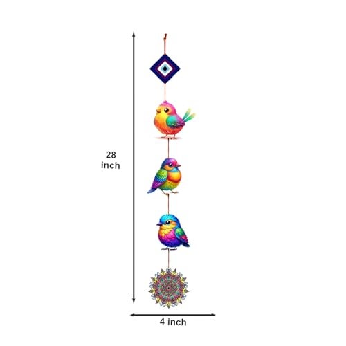 Woodkey Multicolor Bird Wall Hanging with Evil Eye & Mandala Charm | Wooden Vertical Wall Décor for Home, Balcony & Kids Room | Decorative Hanging Showpiece (3 Birds) - Image 4