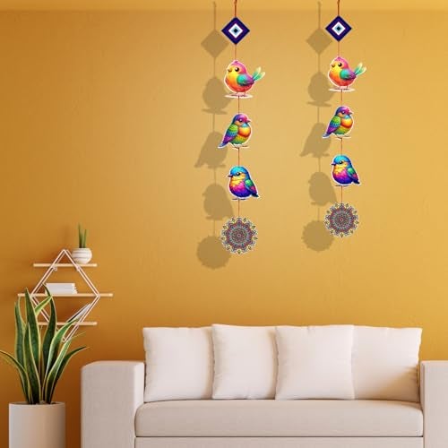 Woodkey Multicolor Bird Wall Hanging with Evil Eye & Mandala Charm | Wooden Vertical Wall Décor for Home, Balcony & Kids Room | Decorative Hanging Showpiece (3 Birds) - Image 2