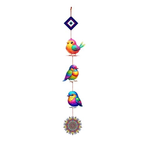 Woodkey Multicolor Bird Wall Hanging with Evil Eye & Mandala Charm | Wooden Vertical Wall Décor for Home, Balcony & Kids Room | Decorative Hanging Showpiece (3 Birds) - Image 1