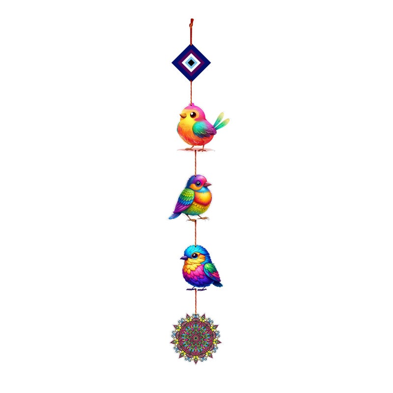 Woodkey Multicolor Bird Wall Hanging with Evil Eye & Mandala Charm | Wooden Vertical Wall Décor for Home, Balcony & Kids Room | Decorative Hanging Showpiece (3 Birds) - Image 5