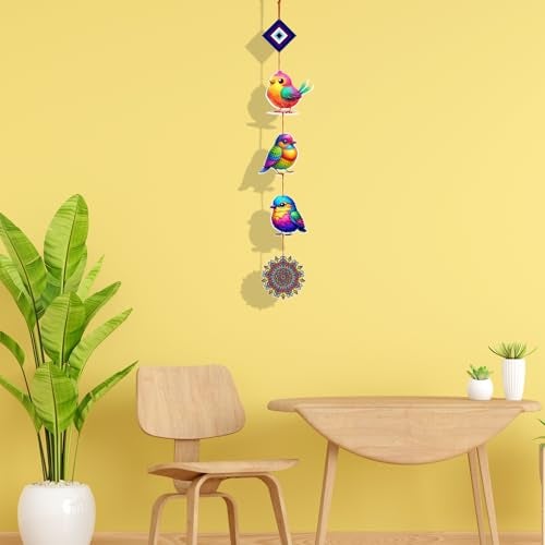 Woodkey Multicolor Bird Wall Hanging with Evil Eye & Mandala Charm | Wooden Vertical Wall Décor for Home, Balcony & Kids Room | Decorative Hanging Showpiece (3 Birds) - Image 3