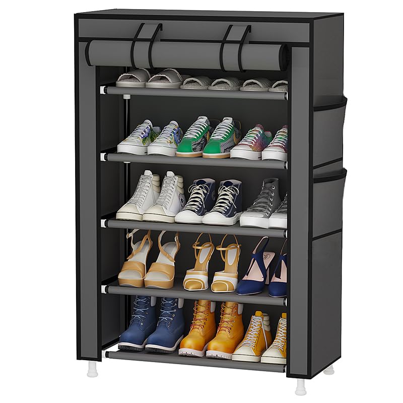 Calmootey 5 Tier Shoe Rack OrganizerPortable Shoe Shelf with Nonwoven Fabric Cover for Closet HallwayBedroomEntrywayGrey